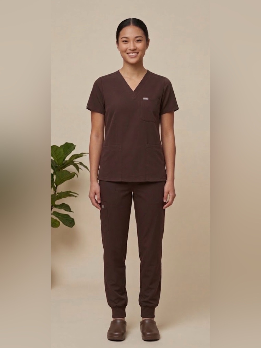 Figs Women's V-Neck Scrub Top and Jogger Set - Brown/Coco